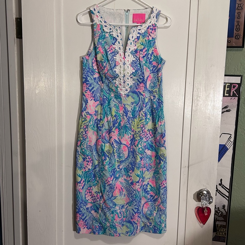 Lilly Pulitzer Gabby Shift Dress Pink and Blue Multi Lace Trim- size 6 Sundress